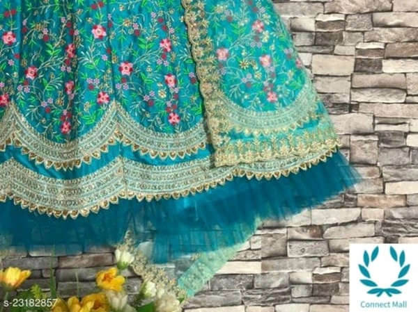 Beautiful Semi Stitched  lehenga Choli - Free Size, Sky Blue, Satain Dupatta Fabric : Net, Embroidered, Multipack :1